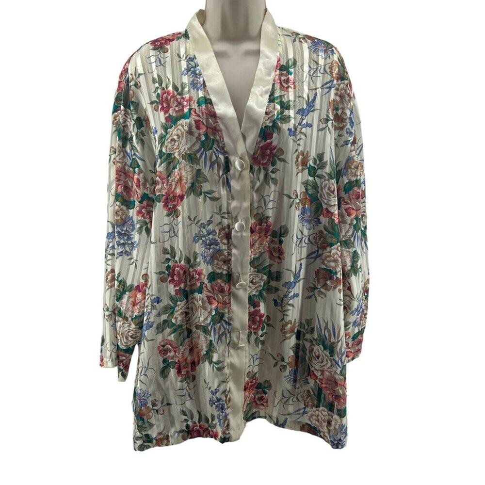 Vintage Victoria's Secret Gold Label Blouse Floral White Striped Satin Womens L